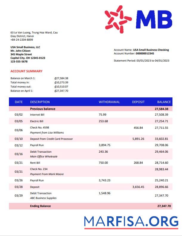Blank MB Bank company statement Word and PDF template